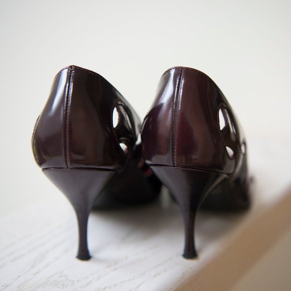 Prada Dark Brown Shiny Patent Leather Cutout Heels sz 36-1/2 - Picture 9 of 12